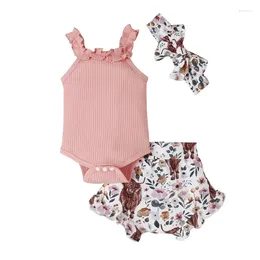 Clothing Sets Born Infant Baby Girl 3 Piece Summer Outfits Tank Romper Top Ruffle Bloomer Shorts Headband Set