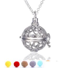 Lockets New Diffuser Essential Oil Cage Pendant Necklaces With Cotton Ball Black Lava Rock Stone Hollow Chains For Women Fashion Drop Dhnwe