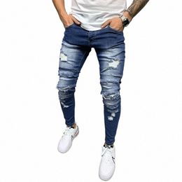 men Hip Hop Splicing Holes Blue Biker Skinny Jeans Good Quality Male Street Style Cott Stretch Denim Pants 107Y#