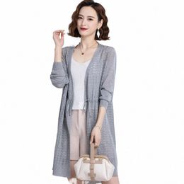 ice silk cardigan Women's Mid-length spring and summer New hollow drawstring sweater thin type sunscreen outer wear B9Z1#