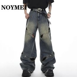 NOYMEI Male Y2k Jeans High Street Patchwork Loose Men Hollow Out Trendy Vintage Metal Button Straight Denim Pant Wide Leg WA1321 240326