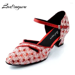 Dance Shoes Ladingwu Flash Cloth Woman Latin Indoor Gray/Red Ballroom Competition Heel 5/6/7.5/8.3cm Closed Toe