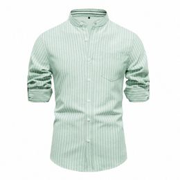 aiopeson Solid Color Striped Men's Shirts Single Pocket Stand Collar Lg-sleeved Shirts for Men New Spring Social Shirts Men l5vd#