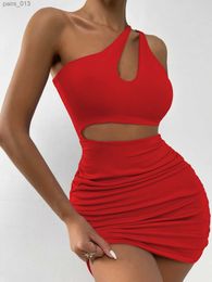 Basic Casual Dresses Sexy One Shoulder Hollow Out Mini Dress Sleeveless Backless Women Party Nightclub Bodycon Outfit Two Piece Set yq240328