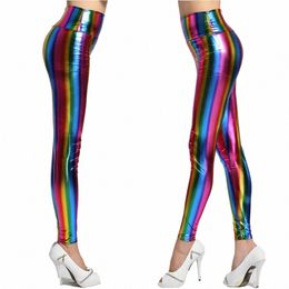 ladies Retro Leggings Rainbow Stripe Adult Disco Leather Pants Fancy Dr Costume Pants 97M7#