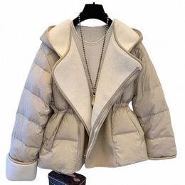 winter New Female South Korea Waistband Lamb Hair Spliced Leather Short Down Cott Coat Women Cott Jacket A7Nc#