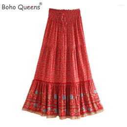 Skirts Boho Queens Women Red Floral Print Beach Bohemian Skirt High Elastic Waist Rayon Cotton Maxi Femme