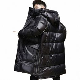 winter Mens Down Jacket Lg Type Hooded Thickened Male New Trendy Youth Glossy 90% White Duck Down Coat P4qO#