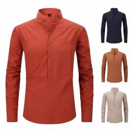 lg-sleeved Shirts Summer Solid Colour Stand-Up Collar 100% Cott Linen Men's Casual Beach Style More Colours USA S-3XL Size r7Cb#