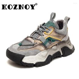 Casual Shoes Koznoy 5cm Air Mesh Genuine Leather Chunky Sneaker Comfy Spring Summer Mixed Colour Ankle Boots Flats Booties Autumn Women