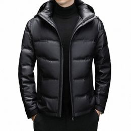 zdt-8054 Winter New Men's Sheepskin Short Hooded White Duck Down Casual Down Jacket Warm And Thick Genuine Leather Jacket a1pV#