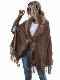 winter Fur Collar Shawls and Wraps Cardigan Sweater Women Bohemian Fringe Batwing Sleeve Pchos Cardigans Coat x9qf#