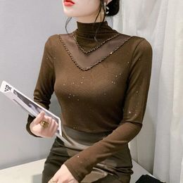 Women's T Shirts 2024 Spring Autumn Fashion Beaded Tops Patchwork Mesh Shirt Slim Fit Half High Collar Long Sleeve Women