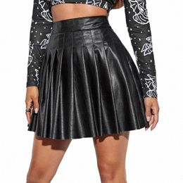 women Solid Colour Pleated Skirt, High Waist PU Leather Short Skirt for Clubs/ Parties, Black/ Wine Red T54g#