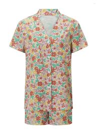 Home Clothing Women Pyjama Set Flower Leaves Print Short Sleeve Button Closure Shirt With Shorts Sleepwear Loungewear