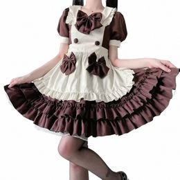 maid Dr Woman Lovely Lolita Coffee Shop Maid Outfits Cosplay Uniforms Japanese Maiddr Brown Bow Short Sleeve Cupcake Dr L9gh#