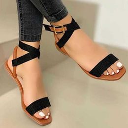 Sandals Flat Womens 2024 Summer Square Toe Casual Fashion Open Elegant Shoes Comfortable H240328