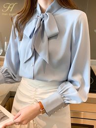 H Han Queen Arrival Shirt Womens Blouse Vintage Work Casual Tops Chiffon Bow Elegant Loose Women Business Shirts 240322