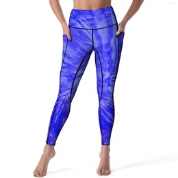 Women's Leggings Hippie Tie Dye Sexy Blue Modern Fitness Gym Yoga Pants High Waist Stretchy Sports Tights With Pockets Aesthetic Leggins