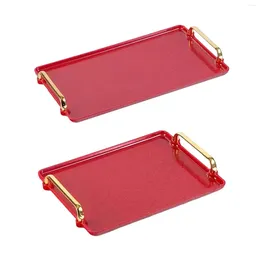 Tea Trays Serving Tray Red With Polished Metal Handles Plate Luxury Style Countertop
