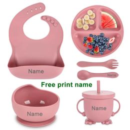 Personalized Name Baby Feeding Sets Silicone Suction Cup Plate Dishes Spoon Fork Bib Childrens Tableware Feeding Bowls 6pcs/set 240326