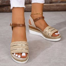 Sandals Fashionable Bohemian Womens Fabric Buckle Open Thick Sole Wedge High Heel 2023 New IC Casual H240328