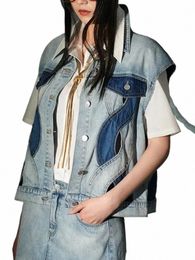 bpn Hit Color Spliced Butt Vests For Women Lapel Sleevel Hollow Out single breasted casual Loose Denim Coats Female Clothes X9Zx#