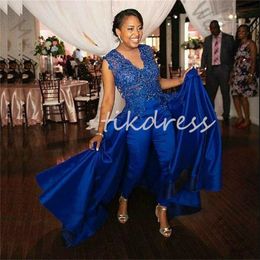 Gorgeous Blue Jumpsuit Evening Dresses With Overskirt Train Sexy V Neck Beaded Lace Black Girls Prom Dress Elegant Plus Size Pantsuit Formal Occasion Dress 2024