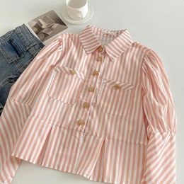 Women's Blouses Vintage Women Pink Striped Print Turn Down Collar Long Sleeve One Breasted Soft T-shirt Female Spring Commute Tops