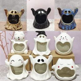 Planters 1 Pcs Creative Cute Ceramic Flower Pot Vase Halloween Ghost Candle Holder Handicraft Ornaments Home Decoration Plant Accessories