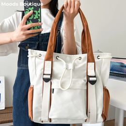 Splash-proof Nylon Fabric Shoulder Crossbody Bags For Women Multi-pocket Drawstring Tote Bag Large Capacity Student Book Handbag 240315