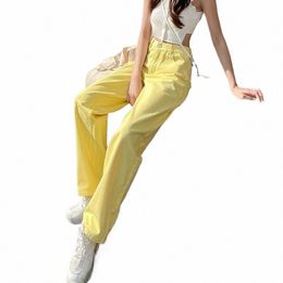 women's Jeans Streetwear Straight Solid Colour High Waist Trouser Baggy Fi Girl Student Korean Yellow Wide Leg Denim Pants 74Lz#