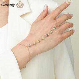 Link Bracelets QIMING Boho Sunflower Butterfly Finger Ring Bracelet For Women Korean Wedding Rings Bangle Party Jewellery Gift