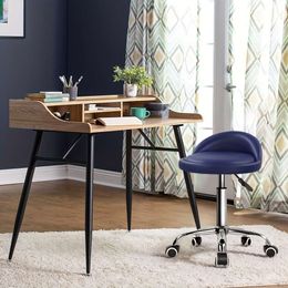 Blue PU Leather Round Rolling Stool Back Rest Height Adjustable Swivel Drafting Work SPA Task Chair with Wheels