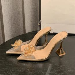 Dress Shoes Fashion Big Crystal Flower Women Pumps Sexy Pointed Toe High Heels Wedding Prom Summer PVC Transparent Ladies Sandals