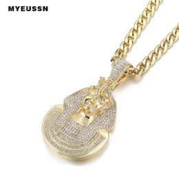 Hip Hop Huge Pharaoh Head Pendant Necklace Men Iced Out Bling Crystal Charm Chain Pendants Jewellery Punk Cubas Necklace 240315