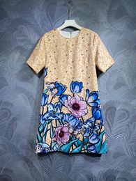 2024 Autumn Floral Print Beaded Dress Multicolor Short Sleeve Round Neck Short Casual Dresses T4M182251