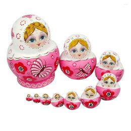 Party Decoration 10pcs Handmade Wooden Russian Nesting Dolls Dried Basswood Pink Cute Gift