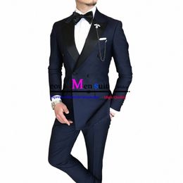 fi 2 Pieces Mens Suits Slim Fit Busin Double-Breasted Suits Groom Dark Navy Blue Tuxedo For Wedding Party Blazer+Pants d3H3#