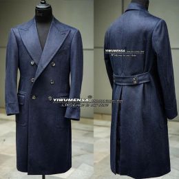 Jackets Navy Blue Winter Mens Jacket Gabardina Hombre Double Breasted Long Coat Custom Made Tweed Wool Thick Blazer Groom Wedding Tuxedo