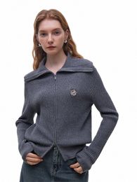 fsle College Style Knitted Cardigan Jacket for Women 2023 Winter Niche Design Sheep Wool 25.8% Inner Zipper Large Lapel Sweater m3U5#