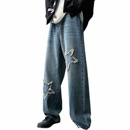 loose Straight Leg Five Star Embroidery Vintage W Jeans Men's Trendy 28jY#