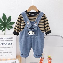 Clothing Sets Valentines Outfit 2024 Spring Kids Set For Girl And Boy Korea Cartoon Striped Long Sleeve T-shirts Denim Overalls Infant