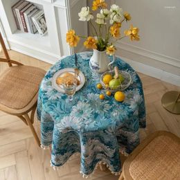 Table Cloth Cotton Linen American Retro Jacquard Round Tablecloth Blue Chrysanthemum Cafe Decoration Coffee Cover