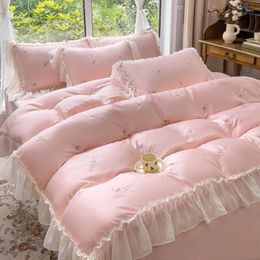 Bedding Sets Double Sided Ice Silk Summer Washable Bed Sheet Embroidered Quilt Cover With Ruffle Lace Luxury Set