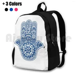 Backpack Blue Hamsa Design Outdoor Hiking Waterproof Camping Travel Spiritual Mandala Patterns Simple