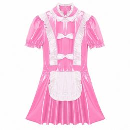 womens Naughty Maid Uniform Clubwear Glossy Patent Leather Maid Cosplay Dr Ruffles Trims Bow Apr Puff Sleeve A-Line Dr q68K#