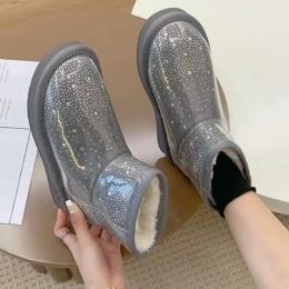 Boots 2024 Winter New Warm Diamond Snow Boots Woman Flat Shoes Waterproof Plush Warm Shining Crystal Soft Sole Women's Boots