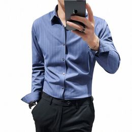 high Quality Summer Lg Sleeve Striped Shirts For Men Clothing Simple Luxury Slim Fit Busin Casual Formal Wear Blouses S-4XL h9Bq#