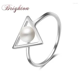 With Side Stones Fashionable Pearls Ring Women Hollow Triangular Female S925 Pure Silver Jewelry Concise Natural Freshwater Pearl